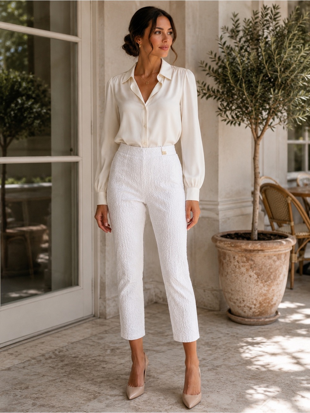 S.C. & Co. White Textured Jacquard Cropped Ankle Pants Stretch Straight Leg